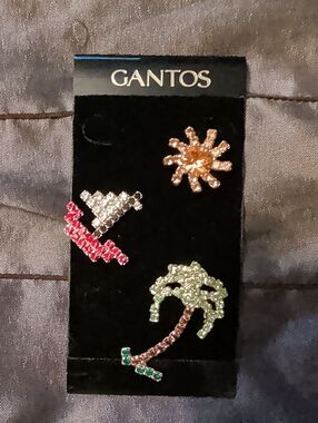 Gantos Multicolor Rhinestone Pin Trio - Palm Tree, Sun & Geometric